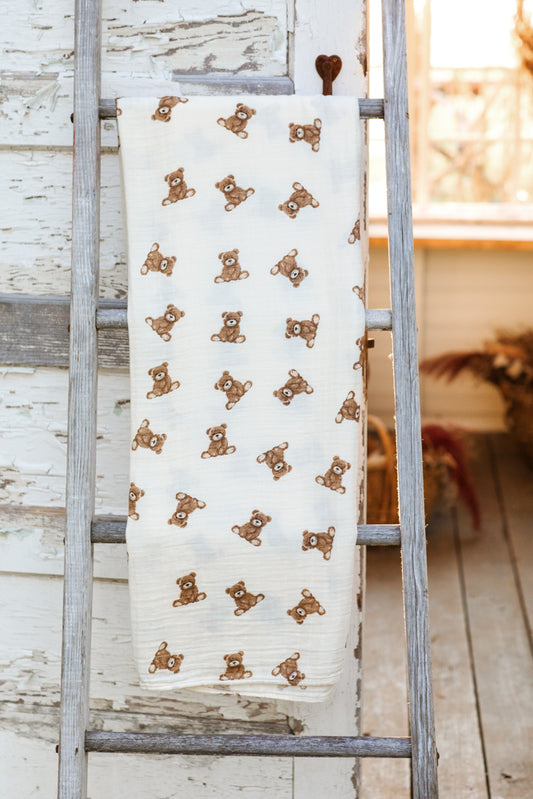 Bamboo Muslin Swaddle Baby Blanket (Teddy Bear)